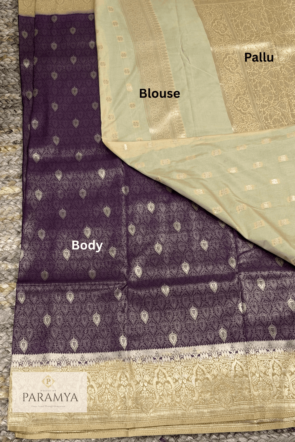 Deep Wine Tissue Saree brocade Blouse with body view— leaf butta brocade weaving detail | House of Paramya
