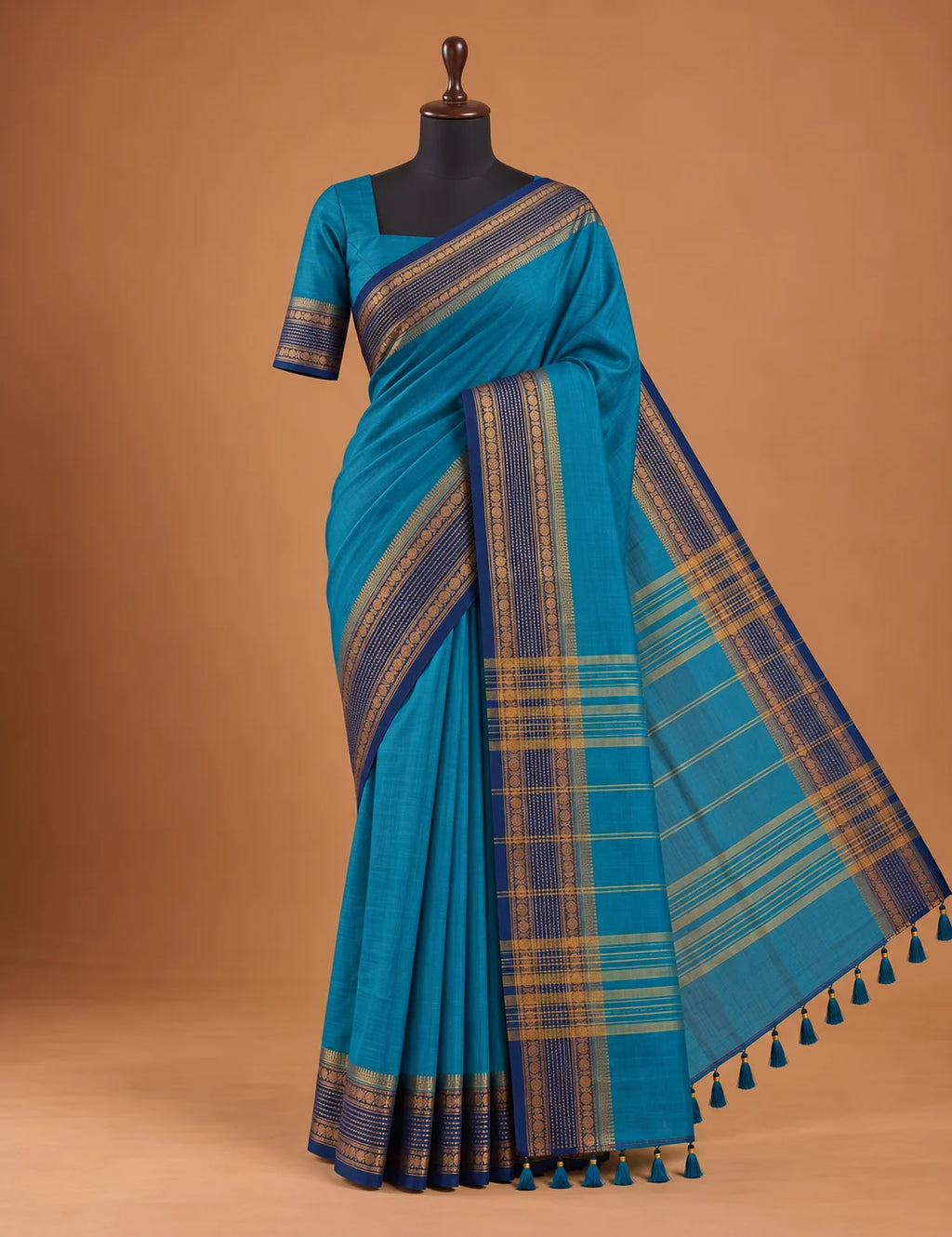 Chettinad Cotton Saree - Peacock Blue with Navy Blue Gold Zari Border & Green Striped Pallu