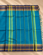 Chettinad Cotton Saree - Peacock Blue with Navy Blue Gold Zari Border & Green Striped Pallu