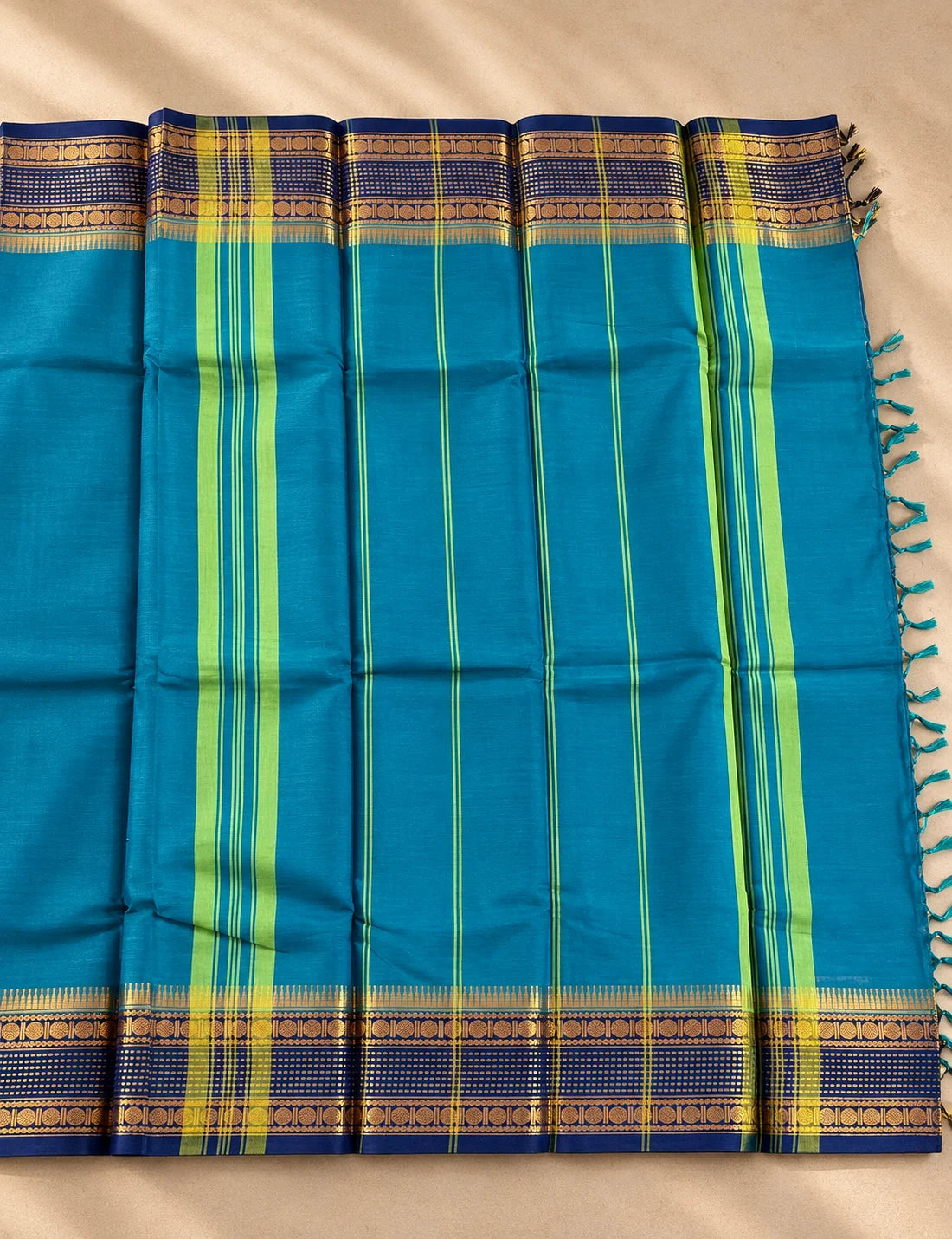 Chettinad Cotton Saree - Peacock Blue with Navy Blue Gold Zari Border & Green Striped Pallu