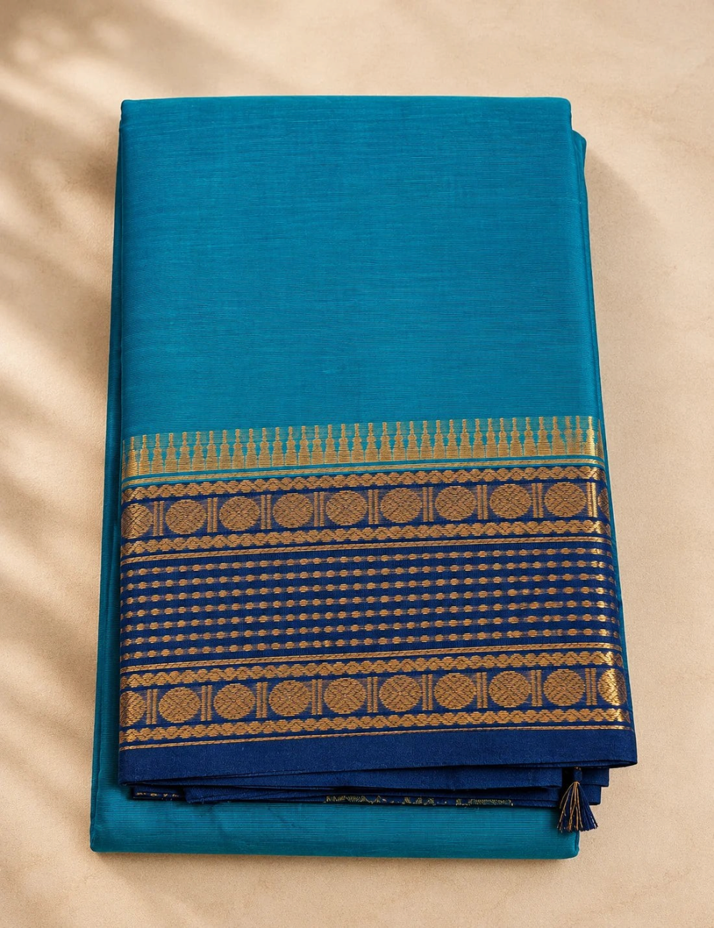 House Of Paramya peacock blue Chettinad cotton saree with navy blue gold zari border and green striped pallu