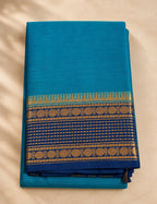 Chettinad Cotton Saree - Peacock Blue with Navy Blue Gold Zari Border & Green Striped Pallu