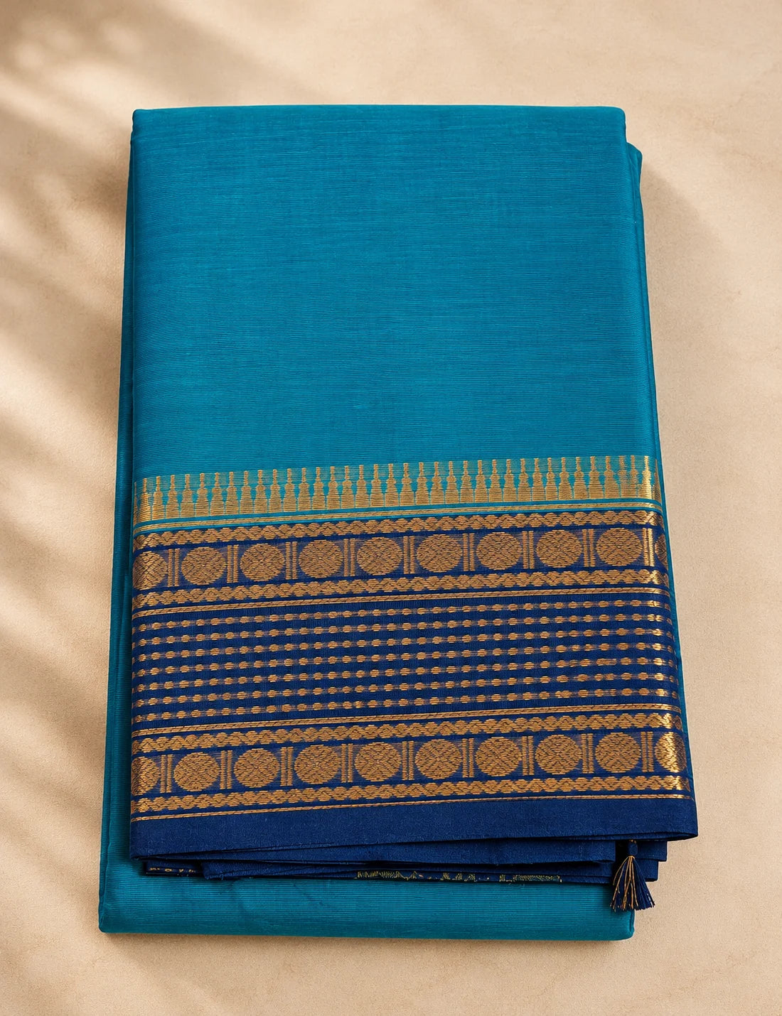 Chettinad Cotton Saree - Peacock Blue with Navy Blue Gold Zari Border & Green Striped Pallu