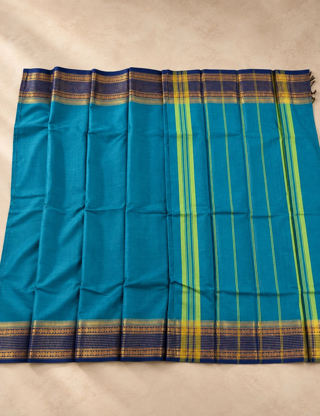 Chettinad Cotton Saree - Peacock Blue with Navy Blue Gold Zari Border & Green Striped Pallu
