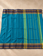 Chettinad Cotton Saree - Peacock Blue with Navy Blue Gold Zari Border & Green Striped Pallu