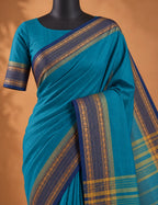 Chettinad Cotton Saree - Peacock Blue with Navy Blue Gold Zari Border & Green Striped Pallu