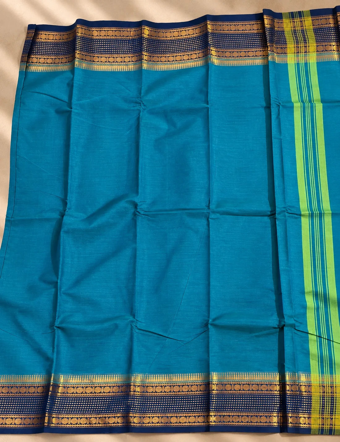 Chettinad Cotton Saree - Peacock Blue with Navy Blue Gold Zari Border & Green Striped Pallu