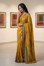 Mustard Vegan Silk Viscose Saree with Woven Crane & Garden Motif