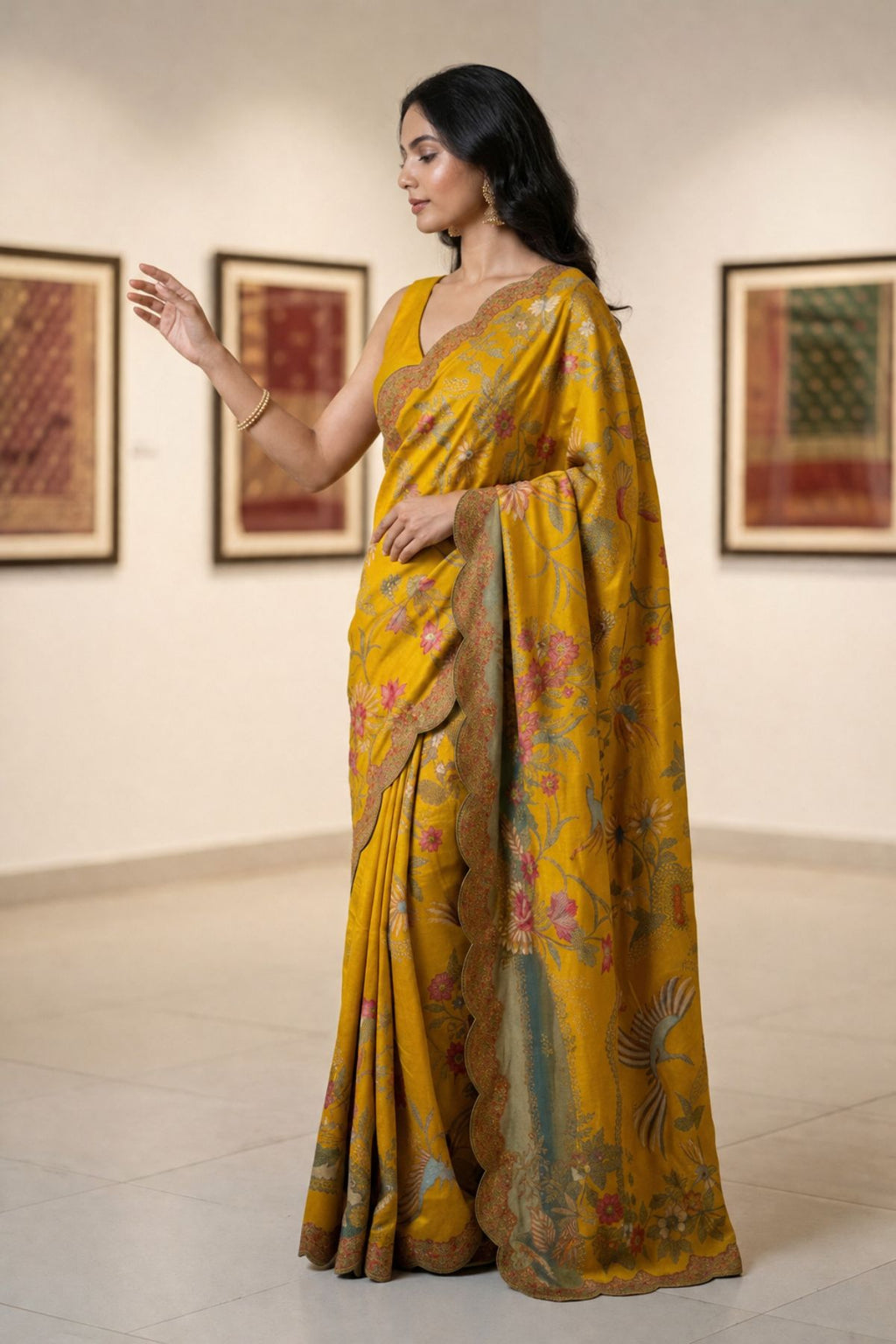 Mustard Vegan Silk Viscose Saree with Woven Crane & Garden Motif