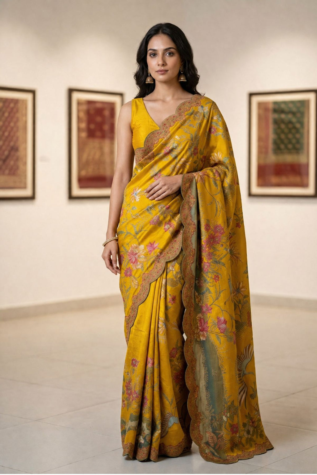 Mustard Vegan Silk Viscose Saree with Woven Crane & Garden Motif