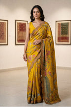 Mustard Vegan Silk Viscose Saree with Woven Crane & Garden Motif