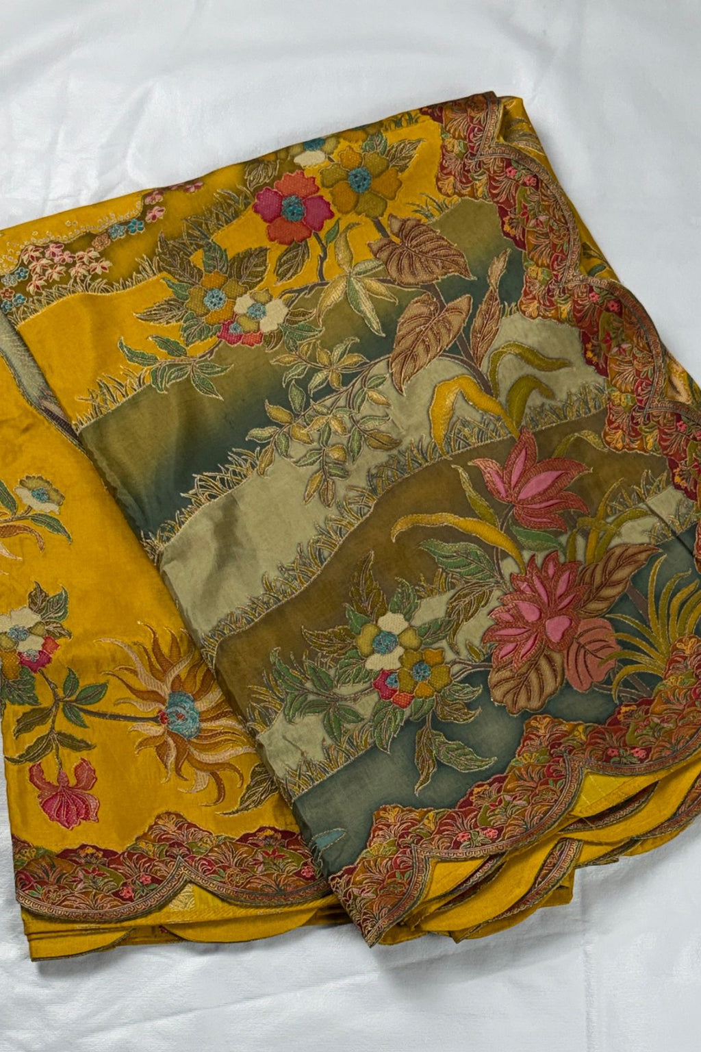 Mustard Vegan Silk Viscose Saree with Woven Crane & Garden Motif