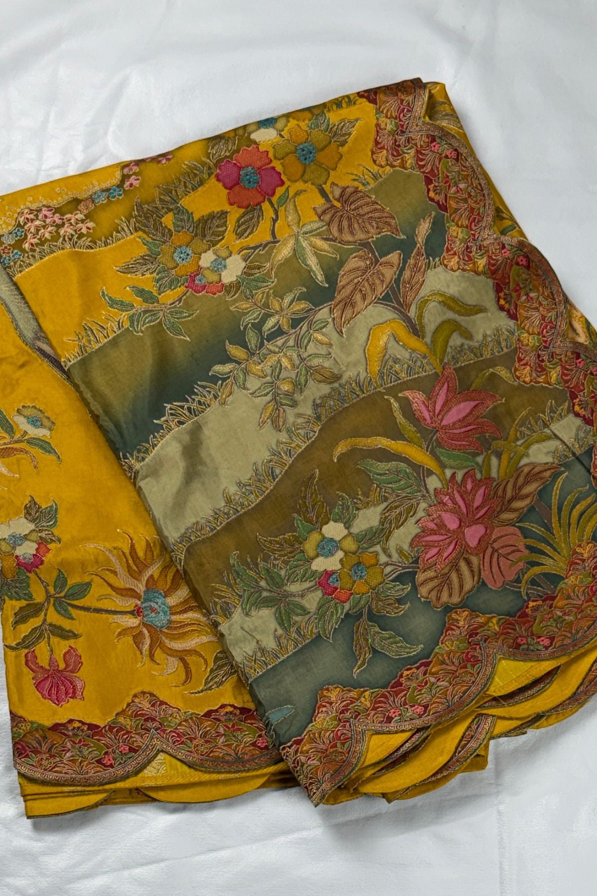 Mustard Vegan Silk Viscose Saree with Woven Crane & Garden Motif
