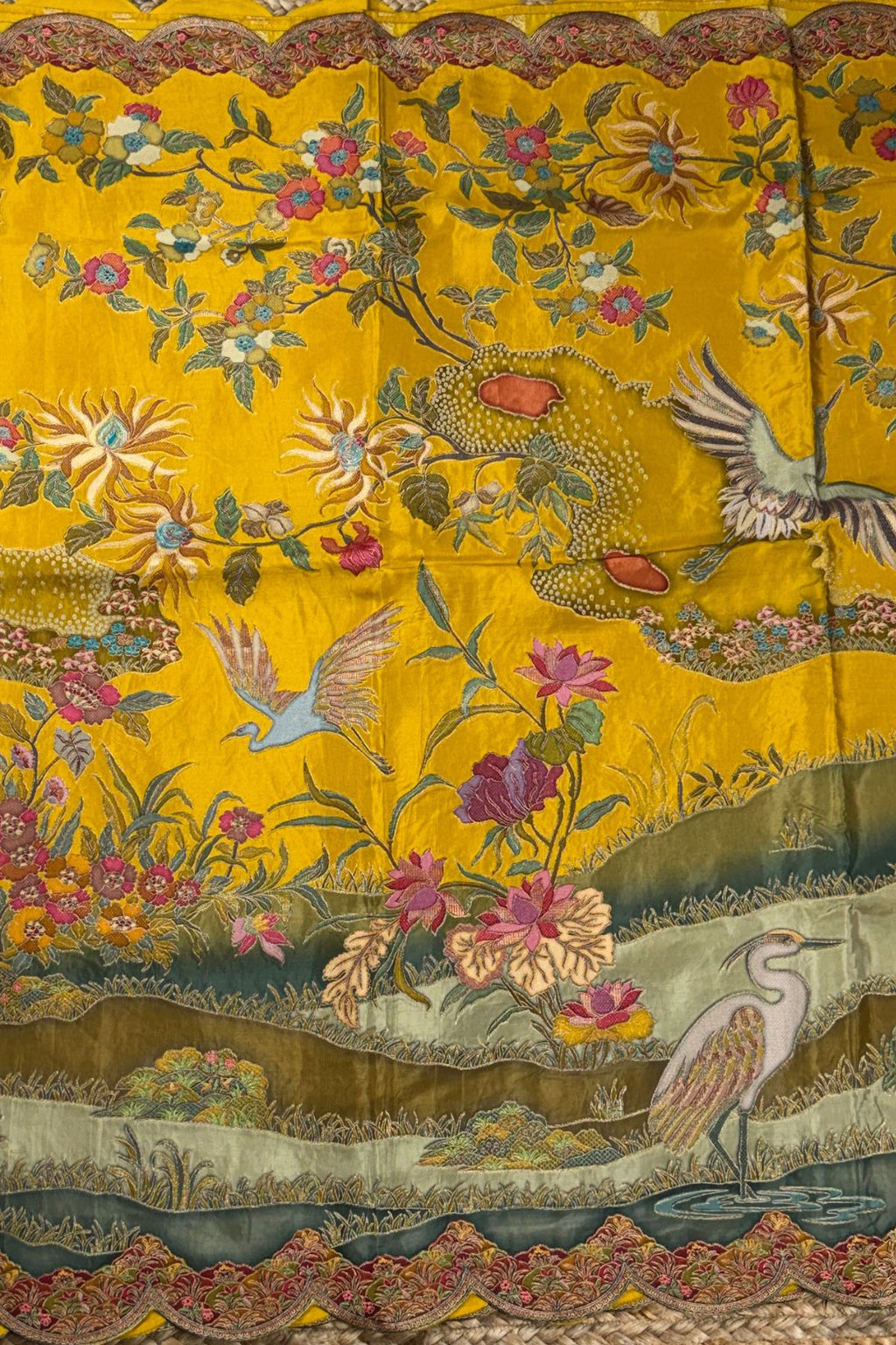 Mustard Vegan Silk Viscose Saree with Woven Crane & Garden Motif