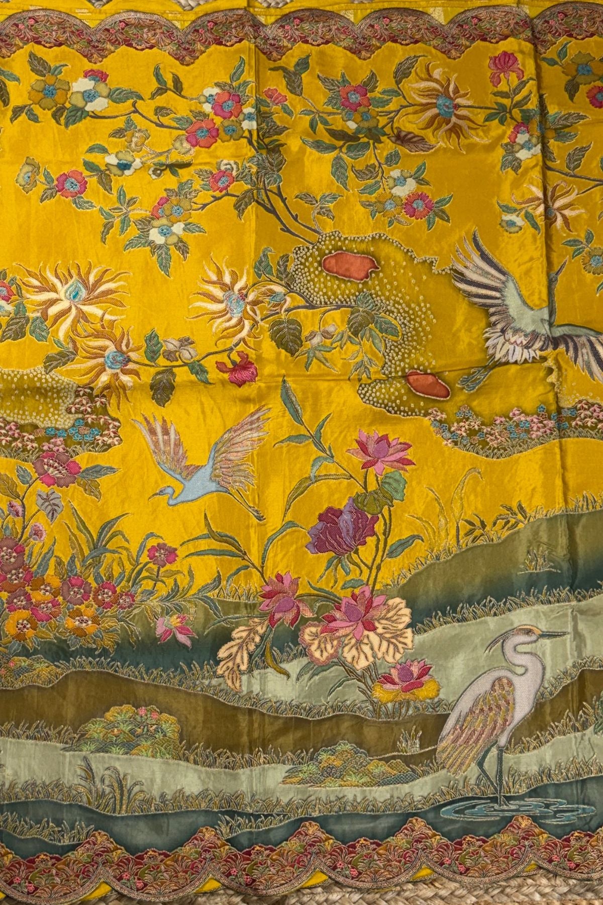 Mustard Vegan Silk Viscose Saree with Woven Crane & Garden Motif