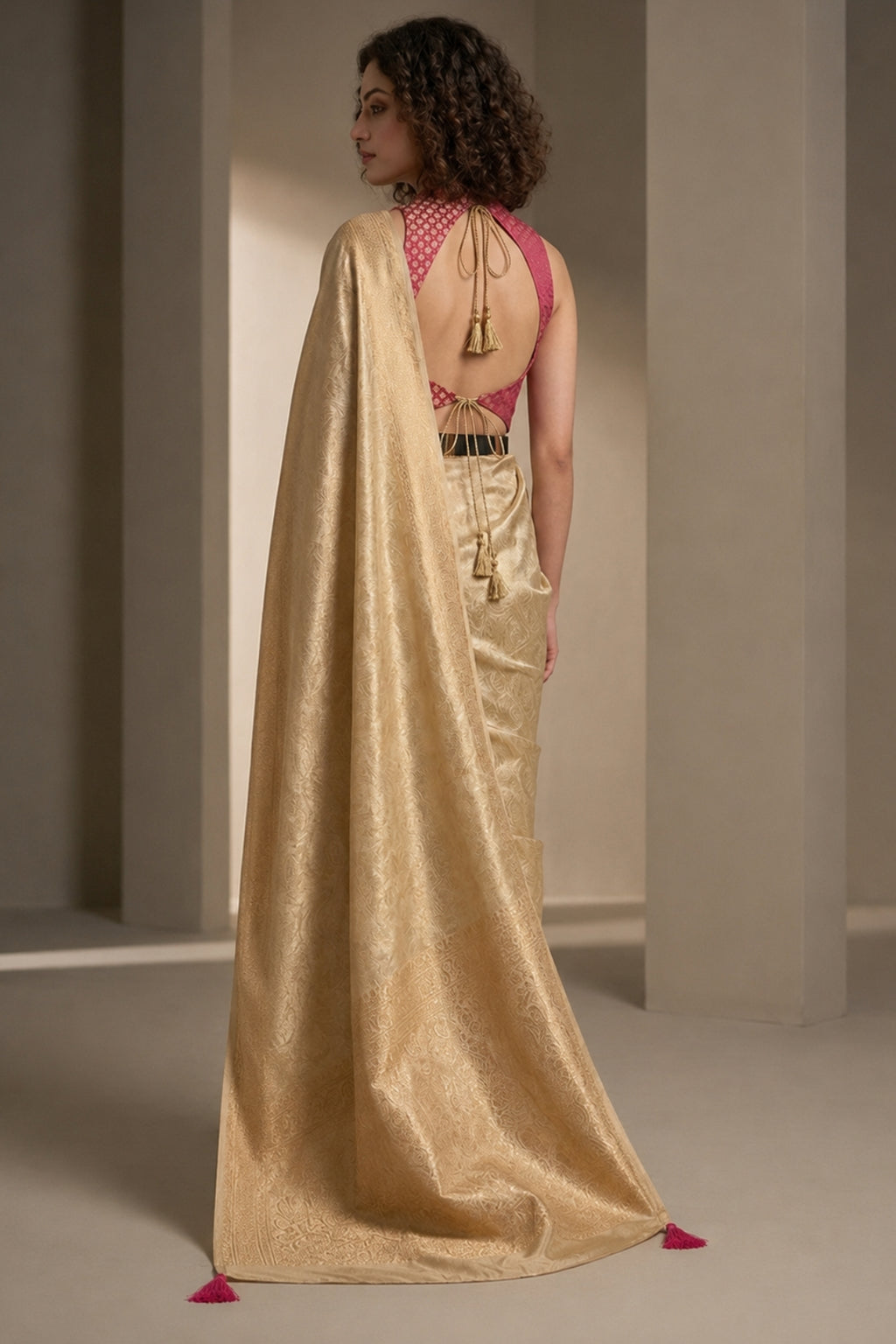 Gold Vegan Viscose Silk Saree with Kanchipuram Style Brocade Weave