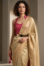 Gold Vegan Viscose Silk Saree with Kanchipuram Style Brocade Weave
