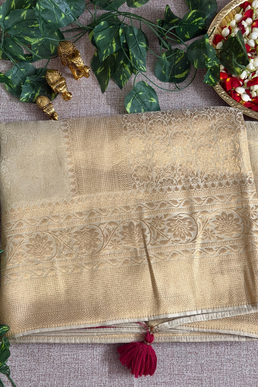 Gold Vegan Viscose Silk Saree with Kanchipuram Style Brocade Weave