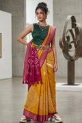 Mustard & Magenta Semi Viscose Vegan Silk Saree with Ikat Diamond Print