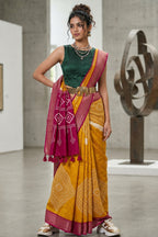 Mustard & Magenta Semi Viscose Vegan Silk Saree with Ikat Diamond Print