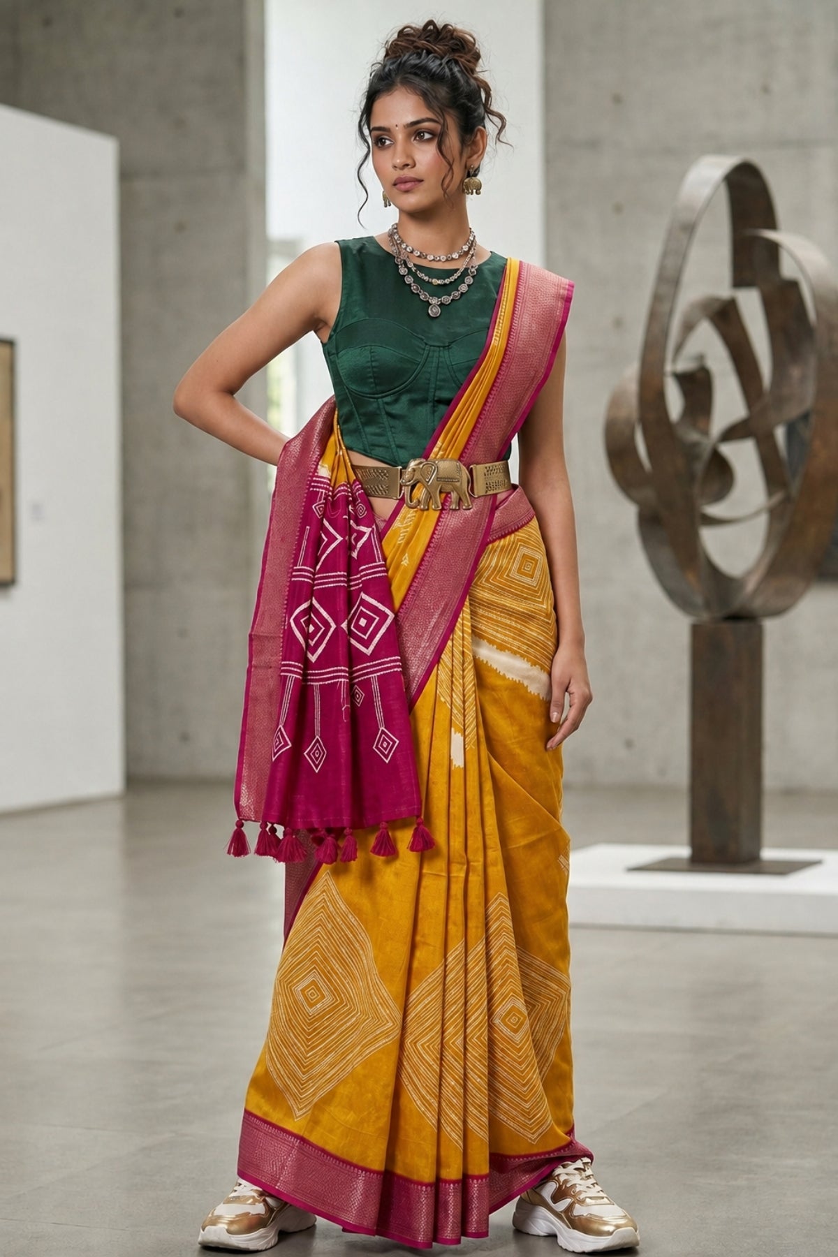 Mustard & Magenta Semi Viscose Vegan Silk Saree with Ikat Diamond Print