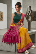 Mustard & Magenta Semi Viscose Vegan Silk Saree with Ikat Diamond Print