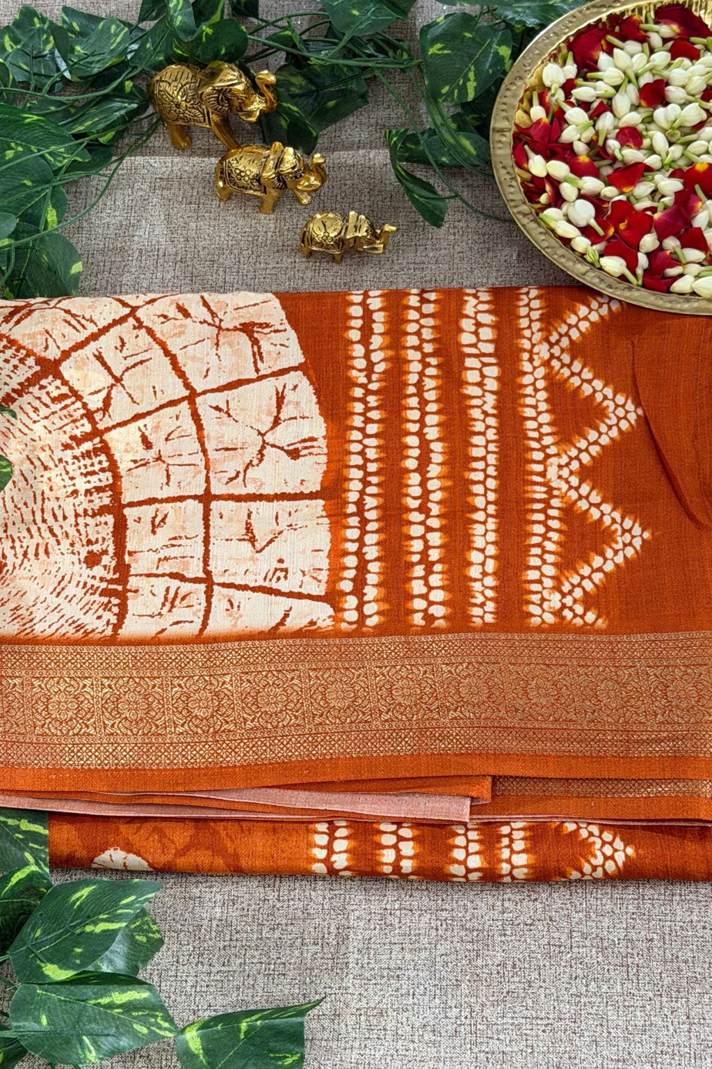 Rust Orange Semi Viscose Vegan Silk Saree with Batik Print