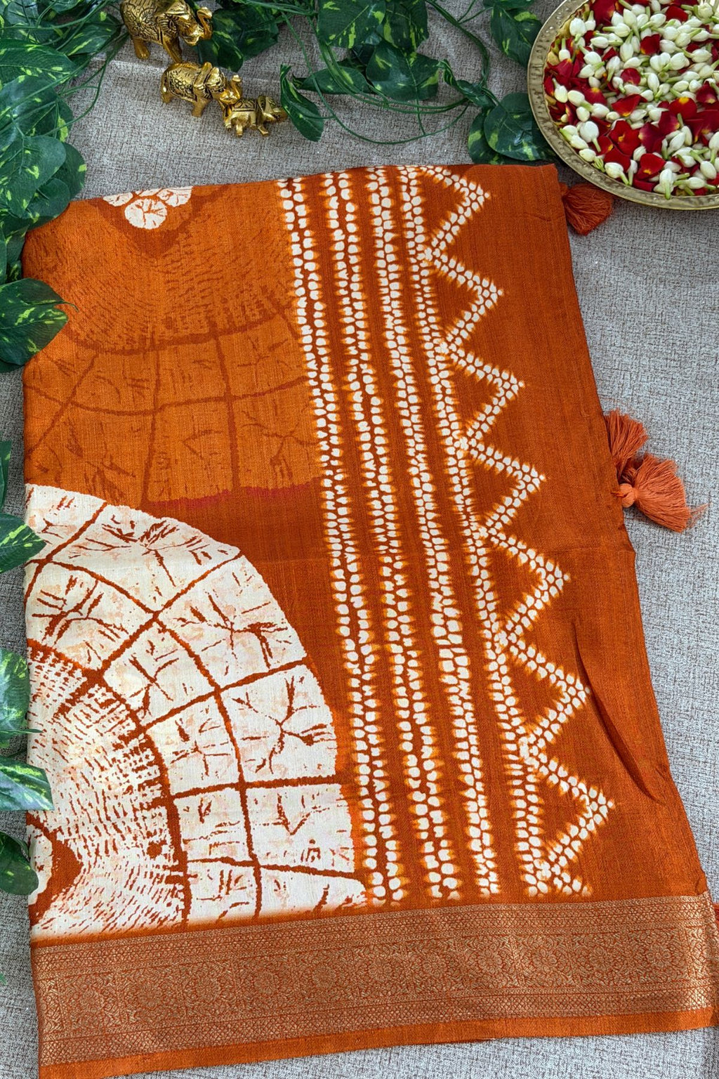 Rust Orange Semi Viscose Vegan Silk Saree with Batik Print