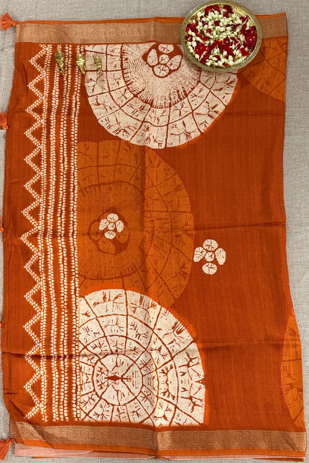 Rust Orange Semi Viscose Vegan Silk Saree with Batik Print