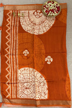 Rust Orange Semi Viscose Vegan Silk Saree with Batik Print