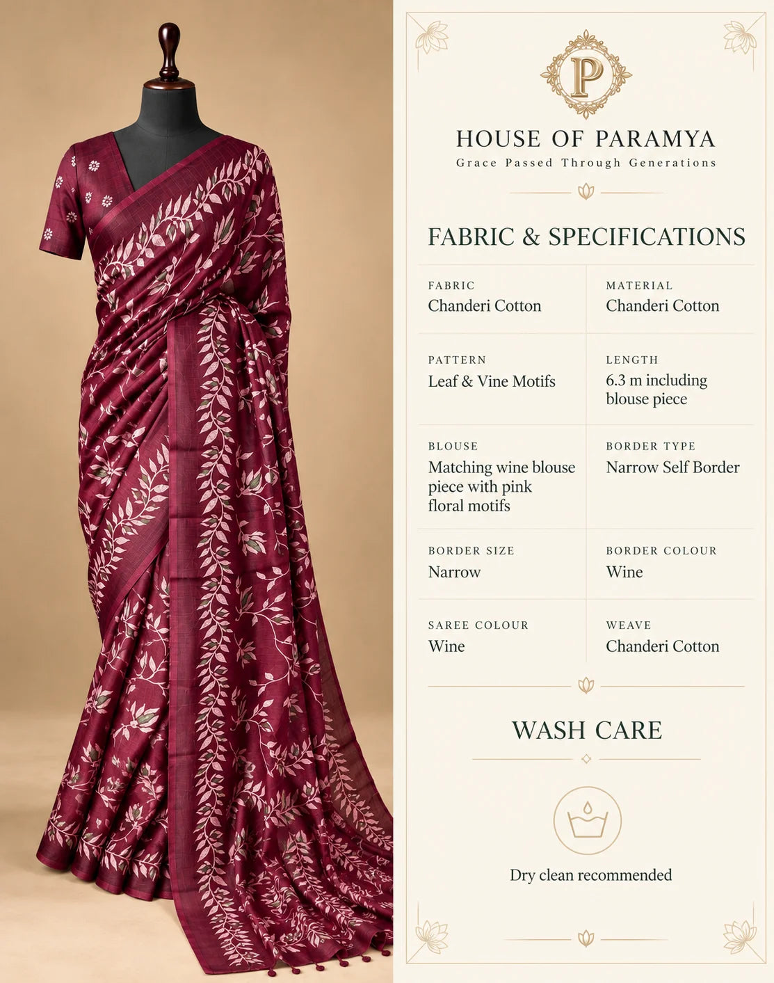 Chanderi Cotton Saree - Wine with Pink Leaf & Vine Motifs