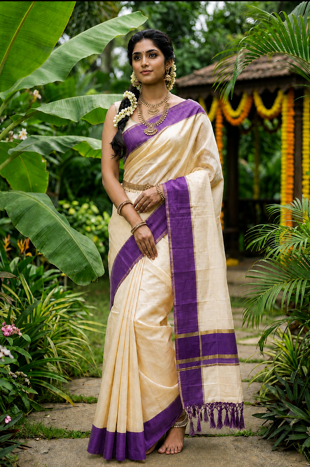Ivory Cotton Kasavu Saree with Sea Green Zari Border