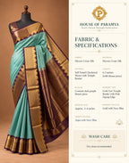House Of Paramya aqua Mysore crepe silk saree with a purple and gold temple border and checkered texture.