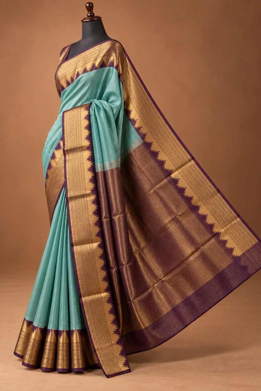 House Of Paramya aqua Mysore crepe silk saree with a purple and gold zigzag temple border and checkered texture.