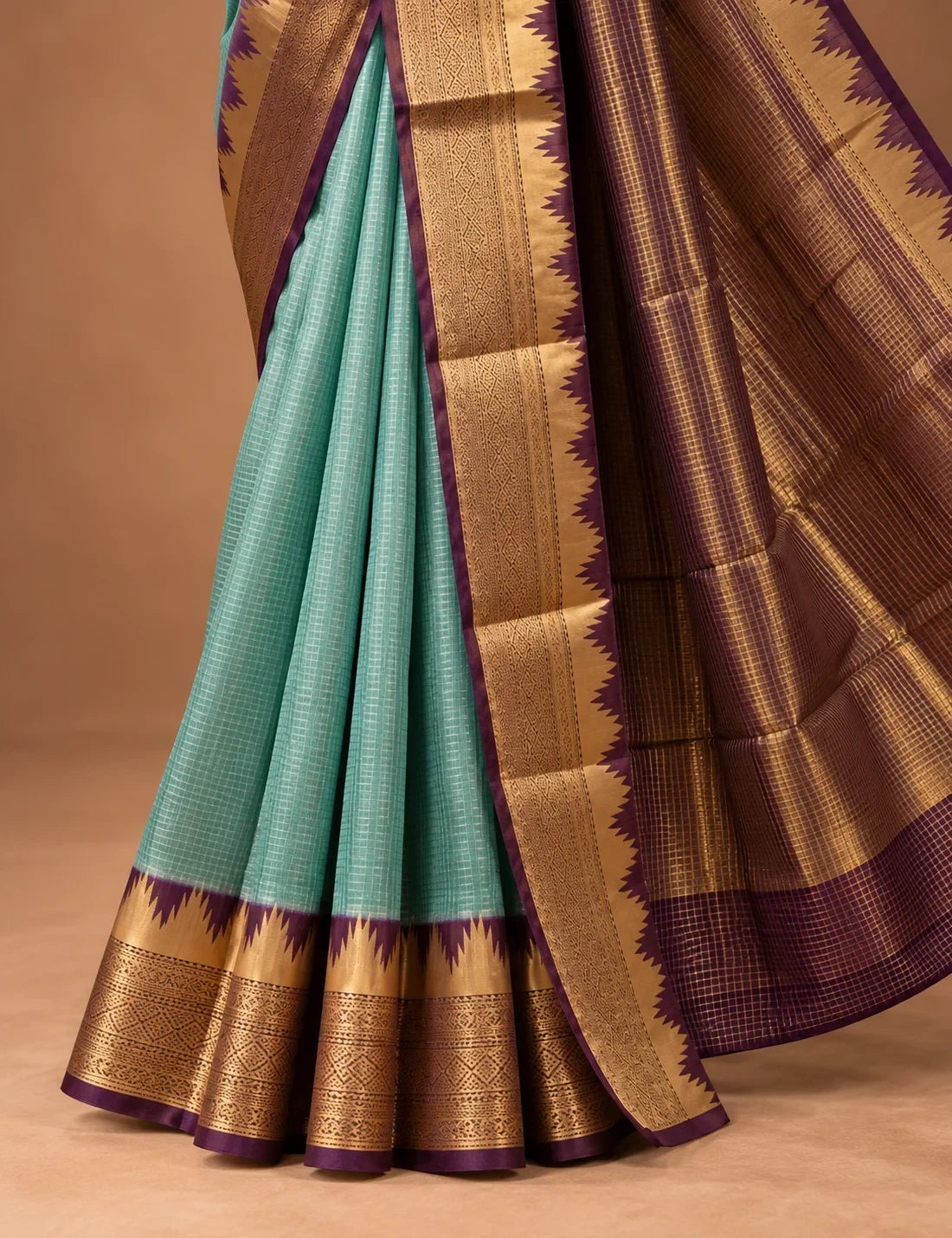 House Of Paramya aqua Mysore crepe silk saree with a purple and gold temple border and checkered texture