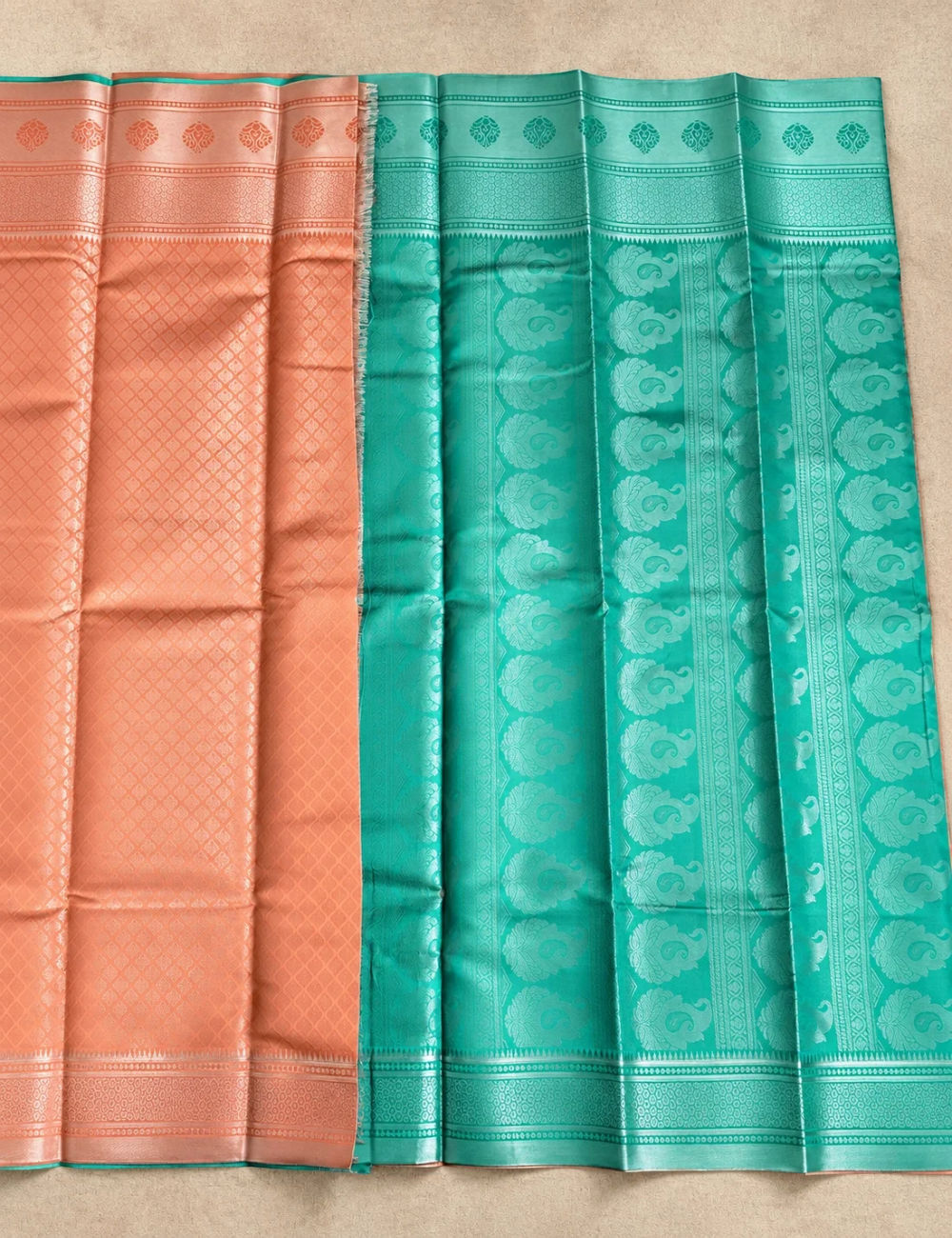 House Of Paramya rose gold and teal Banarasi silk saree featuring a diamond lattice pattern and woven paisley border.