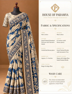 House Of Paramya beige and indigo mul cotton saree featuring hand-painted Kalamkari Pichwai motifs and geometric border