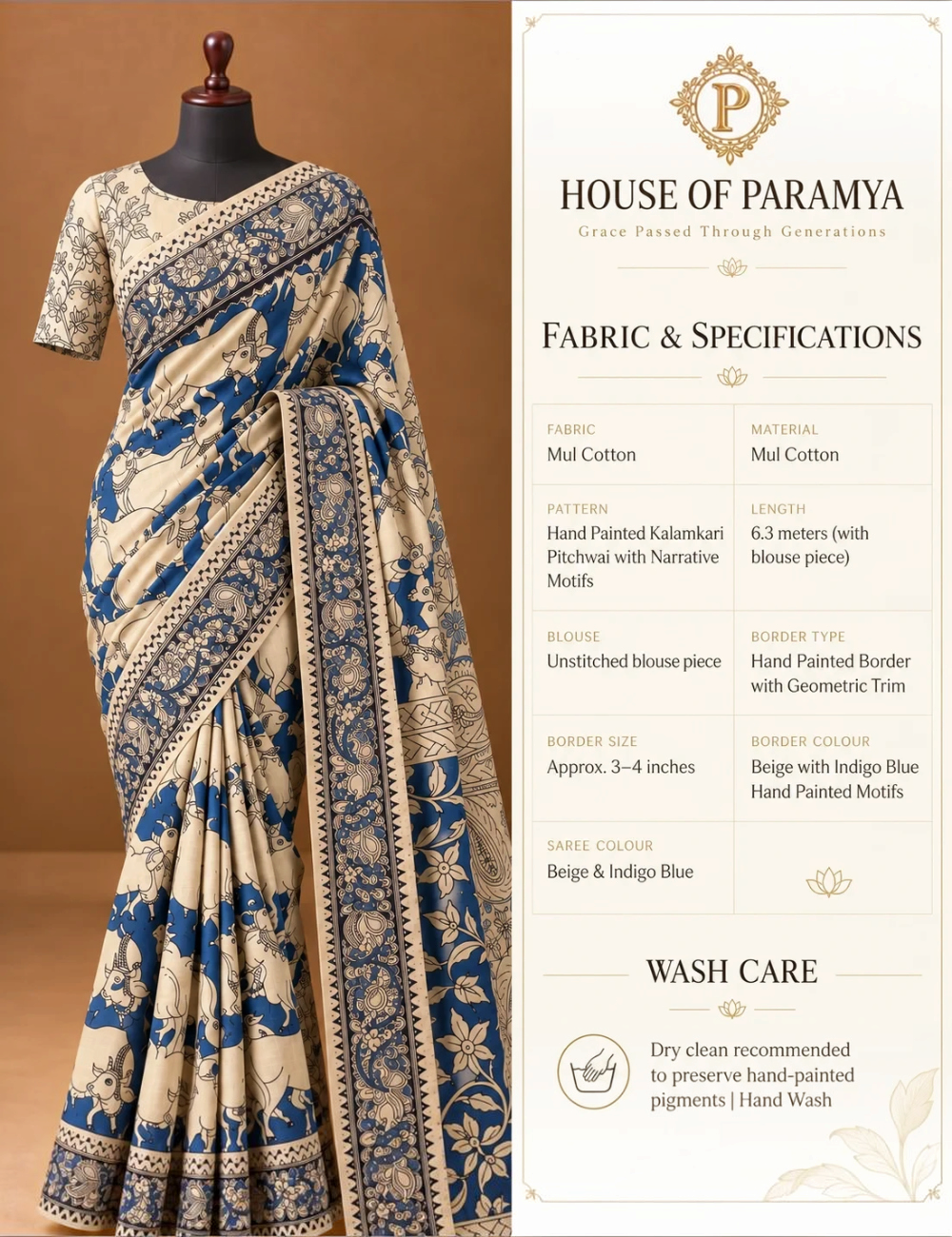 House Of Paramya beige and indigo mul cotton saree featuring hand-painted Kalamkari Pichwai motifs and geometric border
