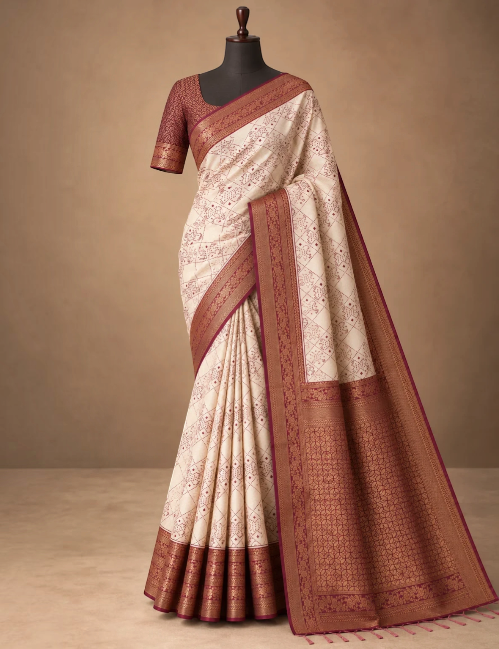 House Of Paramya beige and maroon semi silk Pochampally Ikat saree with diamond patterns and zari temple border.