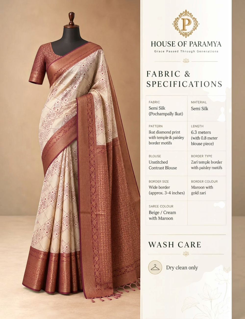 House Of Paramya beige and maroon semi silk Pochampally Ikat saree with diamond patterns and zari temple border