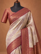 House Of Paramya beige and maroon semi silk Pochampally Ikat saree with diamond pattern and zari temple border