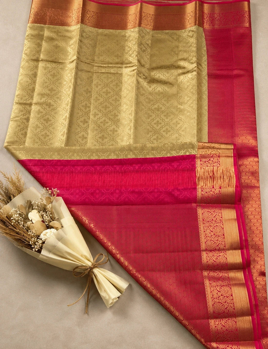 House Of Paramya beige and pink Kanchipuram silk saree with intricate gold zari borders and traditional woven patterns.