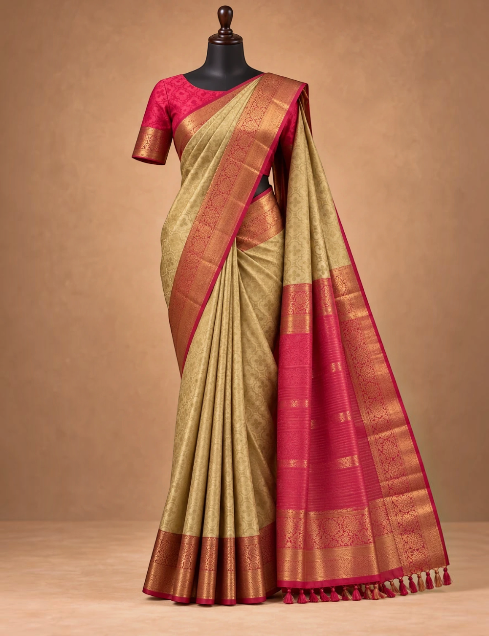 House Of Paramya beige and pink Kanchipuram silk saree with intricate gold zari borders and matching blouse