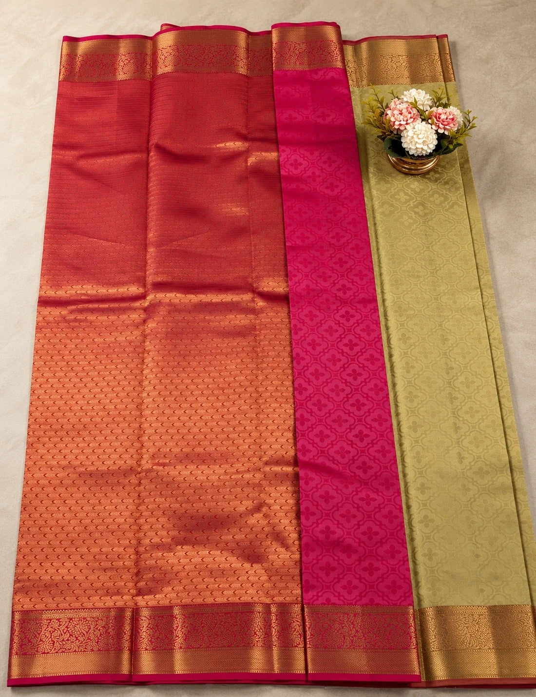 House Of Paramya Kanchipuram silk saree in beige and pink with intricate gold zari borders and traditional motifs.