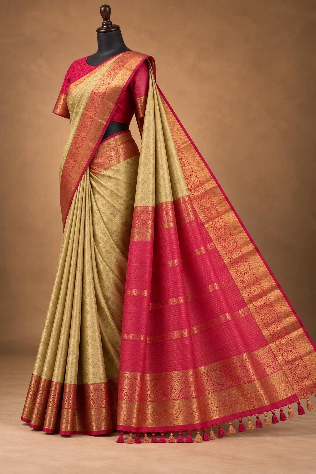 House Of Paramya beige and pink Kanchipuram silk saree with intricate gold zari border and woven pallu on a mannequin.