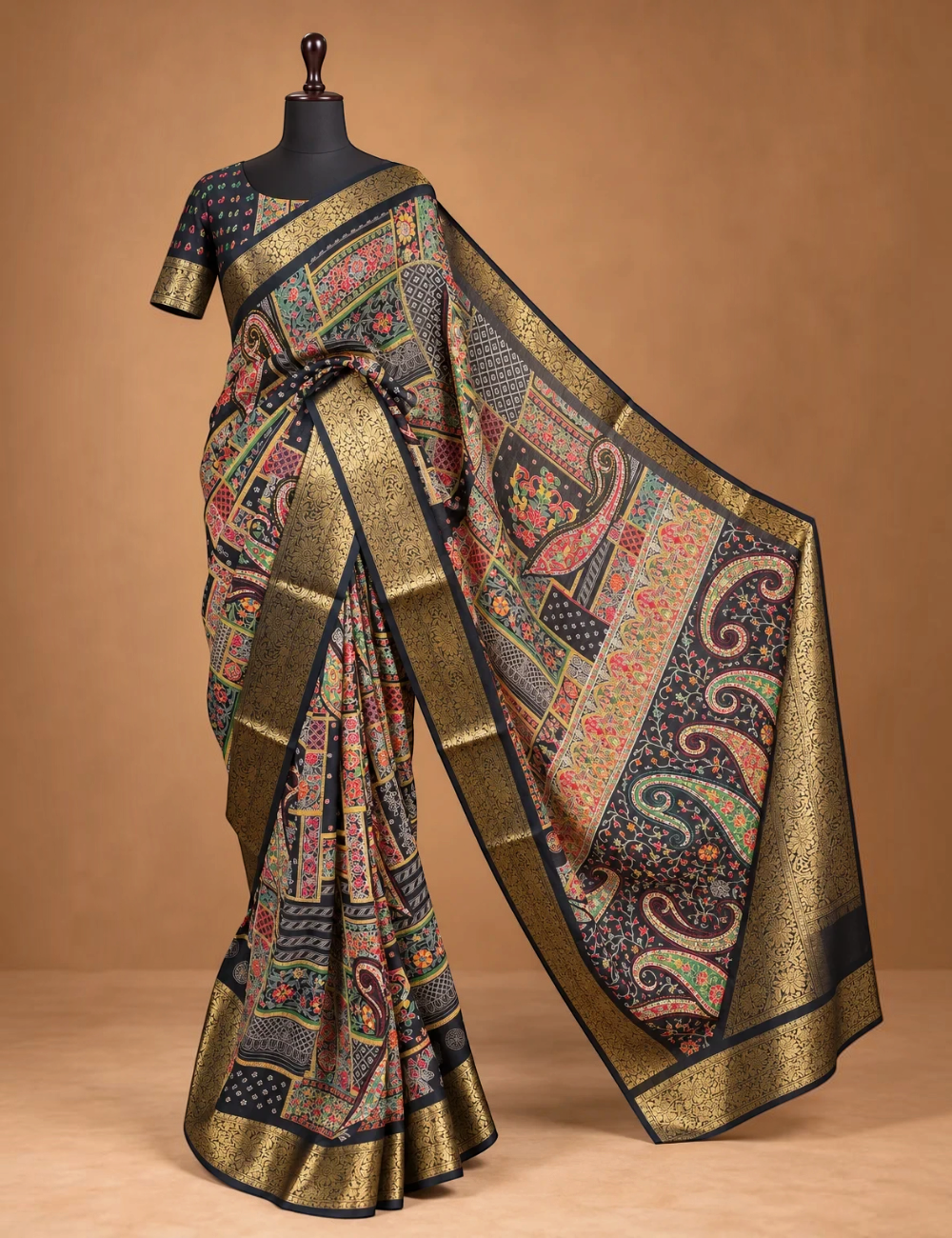 House Of Paramya black georgette saree with multicolor patchwork print, paisley motifs, and gold zari woven border.