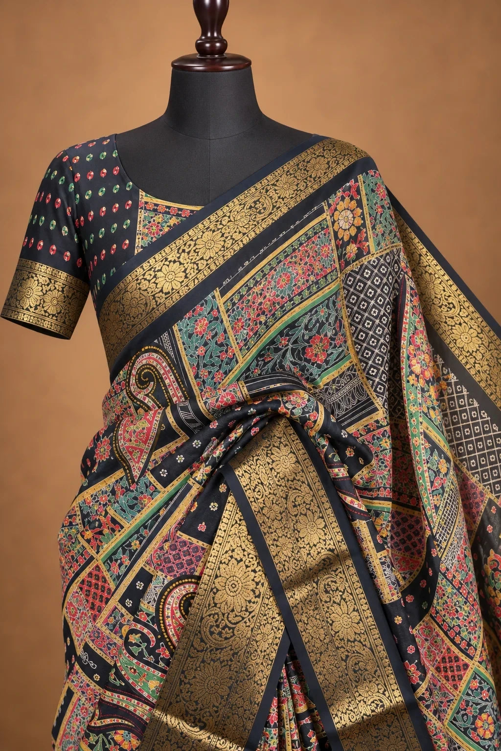 House Of Paramya black georgette saree with multicolor patchwork print and intricate gold zari floral border