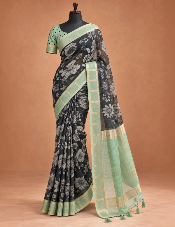 House Of Paramya black soft Kota silk saree with floral print and sage green zari check border and matching blouse