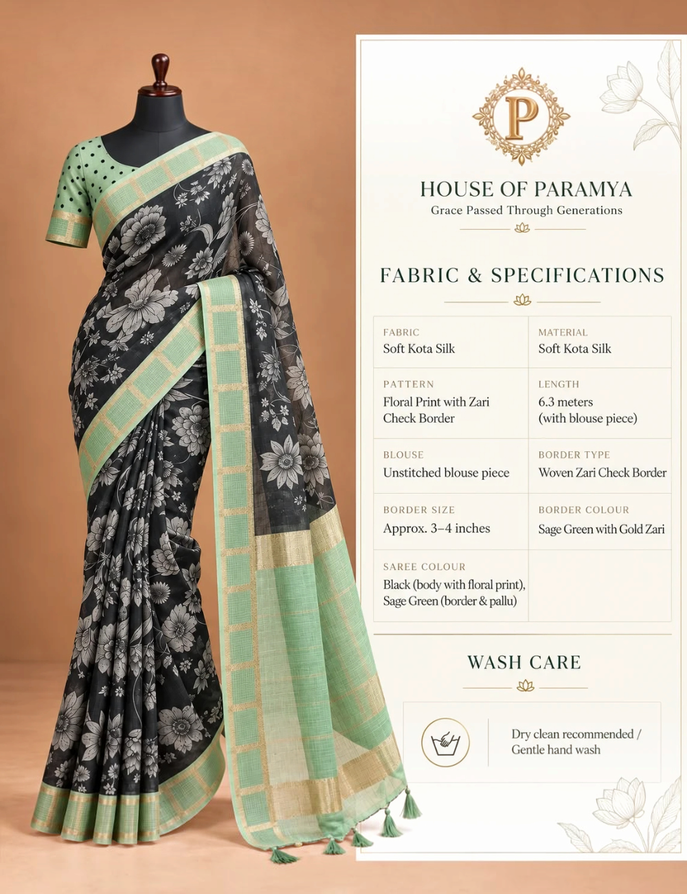 House Of Paramya black soft Kota silk saree with floral print and sage green zari check border on a mannequin
