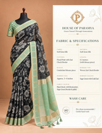 House Of Paramya black soft Kota silk saree with floral print and sage green zari check border on a mannequin